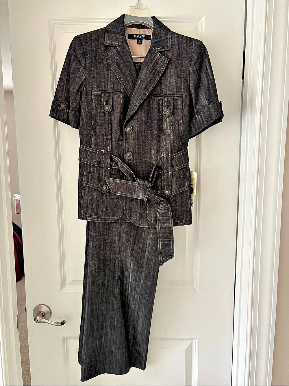 Nine West Striped Short Sleeve Wide Leg suit in Black